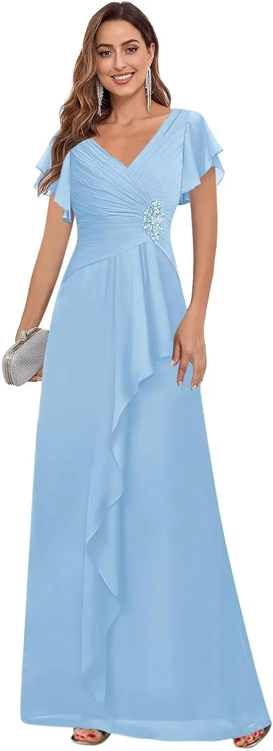 Chiffon Short Sleeve Mother of The Bride Dresses with Ruffles V Neck Beaded Pleated Wedding Guest Dress