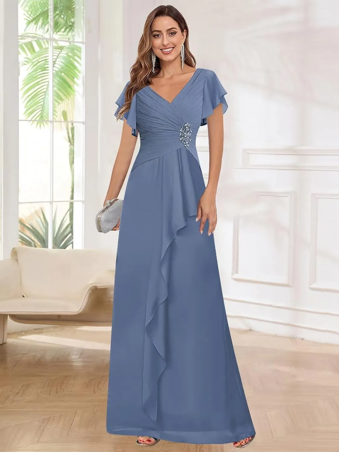Chiffon Short Sleeve Mother of The Bride Dresses with Ruffles V Neck Beaded Pleated Wedding Guest Dress