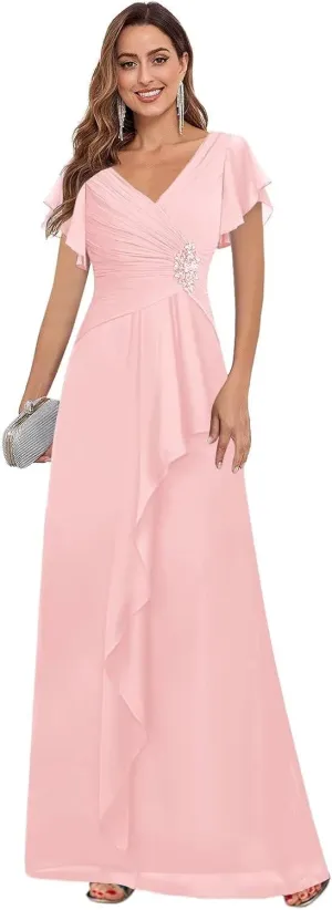 Chiffon Short Sleeve Mother of The Bride Dresses with Ruffles V Neck Beaded Pleated Wedding Guest Dress