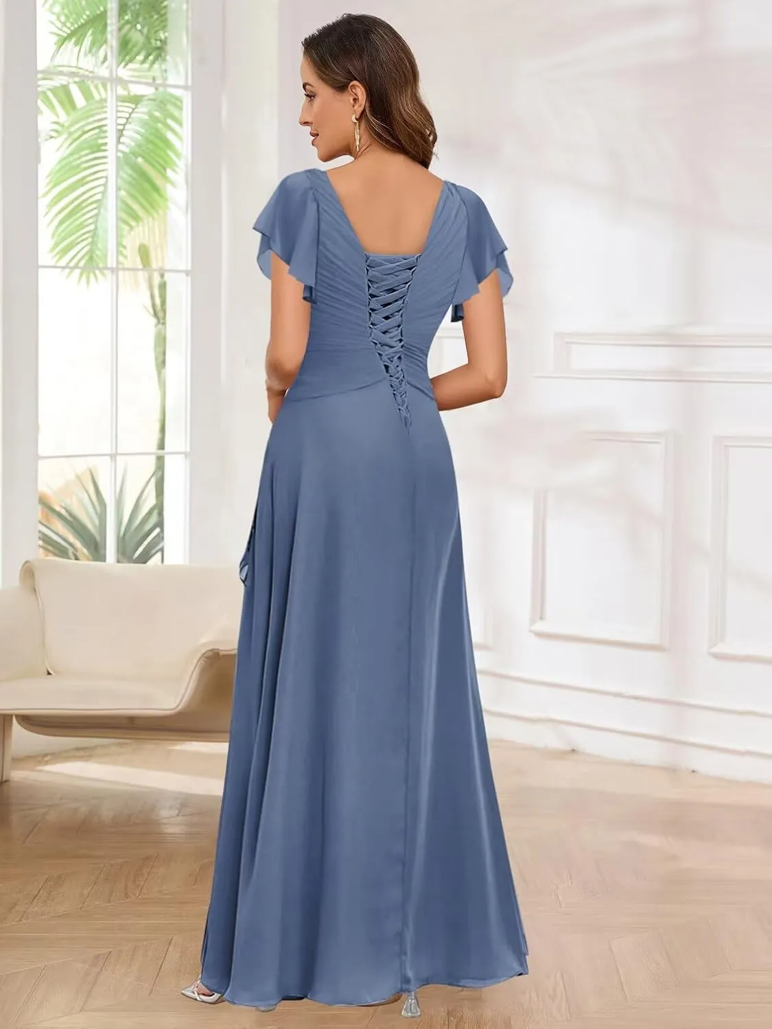 Chiffon Short Sleeve Mother of The Bride Dresses with Ruffles V Neck Beaded Pleated Wedding Guest Dress