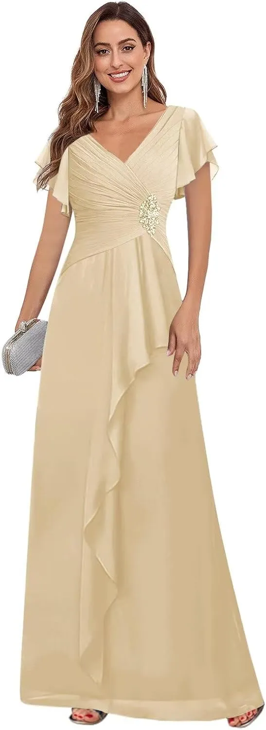 Chiffon Short Sleeve Mother of The Bride Dresses with Ruffles V Neck Beaded Pleated Wedding Guest Dress