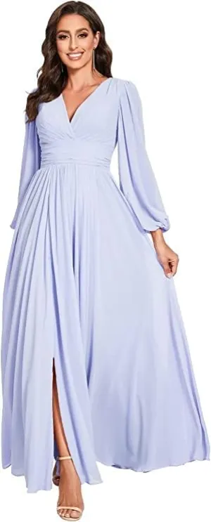 Chiffon V-Neck Bridesmaid Dresses with Slit Long Sleeves Formal Dress Evening Gown for Women Wedding Dress Lavender