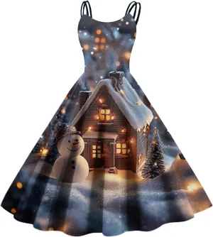 Christmas Sleeveless Dresses for Women Snowflake Plaid Snowman Santa Claus Reindeer Classic Vintage Elegant Dresses