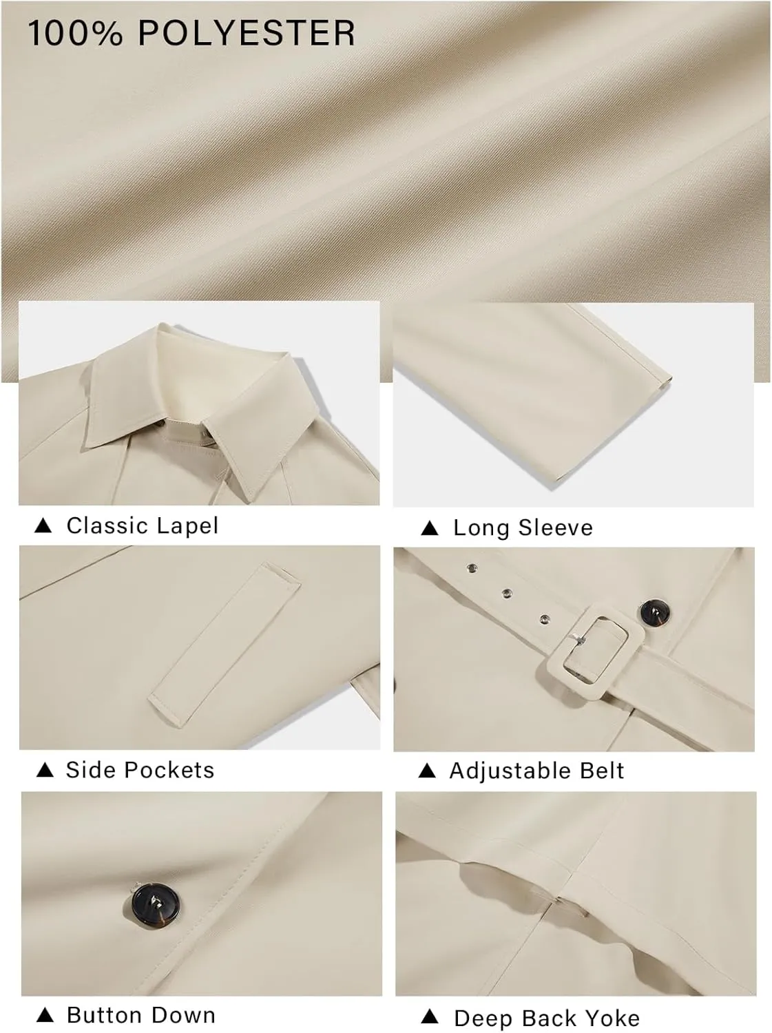 Cicy Bell Womens Casual Trench Coat Double Breasted Long Sleeve Fall Jacket Classic Lapel Overcoat with Belt