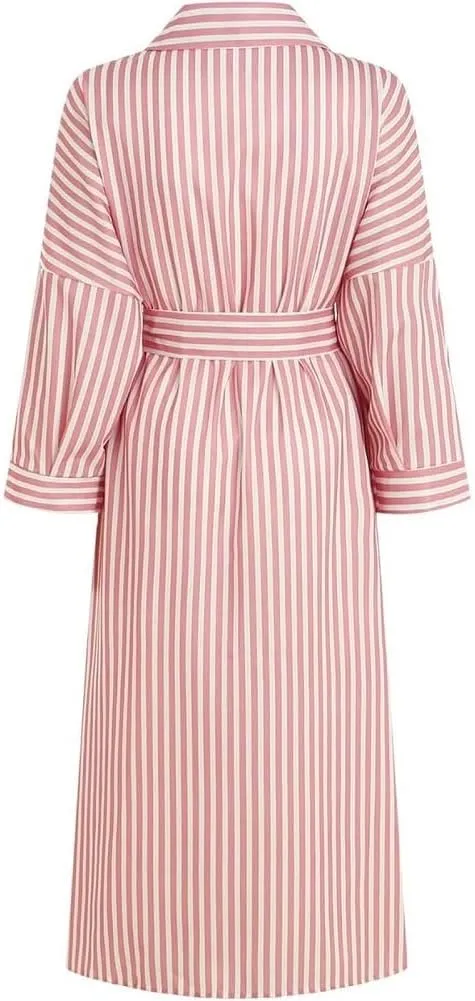 Classic Striped Lace-Up Shirt Dress,Plus Size Striped Midi Button Down Linen T Shirt Dresses for Curvy Women 2025
