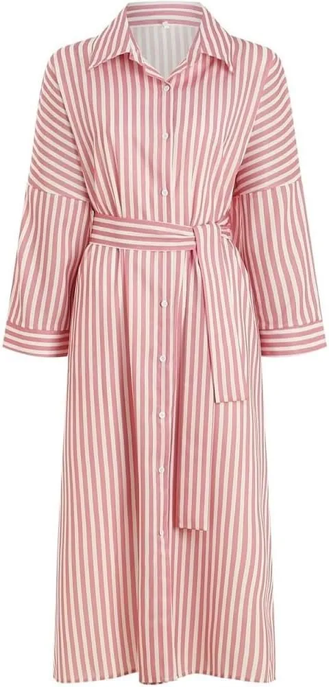 Classic Striped Lace-Up Shirt Dress,Plus Size Striped Midi Button Down Linen T Shirt Dresses for Curvy Women 2025