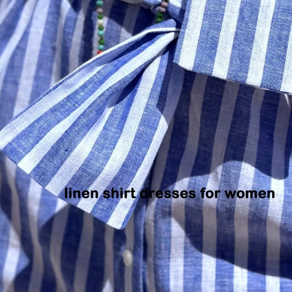 Classic Striped Lace-Up Shirt Dress,Plus Size Striped Midi Button Down Linen T Shirt Dresses for Curvy Women 2025