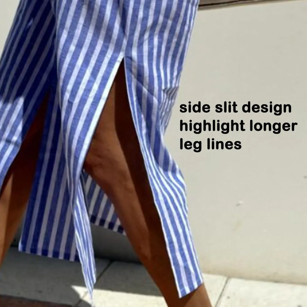 Classic Striped Lace-Up Shirt Dress,Plus Size Striped Midi Button Down Linen T Shirt Dresses for Curvy Women 2025