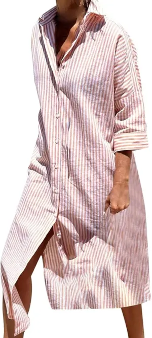Classic Striped Lace-Up Shirt Dress,Plus Size Striped Midi Button Down Linen T Shirt Dresses for Curvy Women 2025