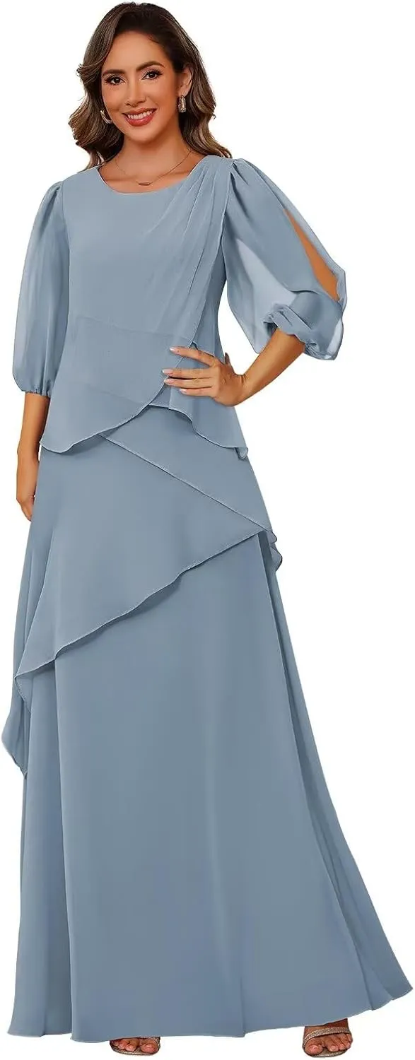 Clothfun Scoop Neck Mother of The Bride Dresses for Wedding Puff Sleeve Chiffon Ruffles Formal Evening Dress CY226