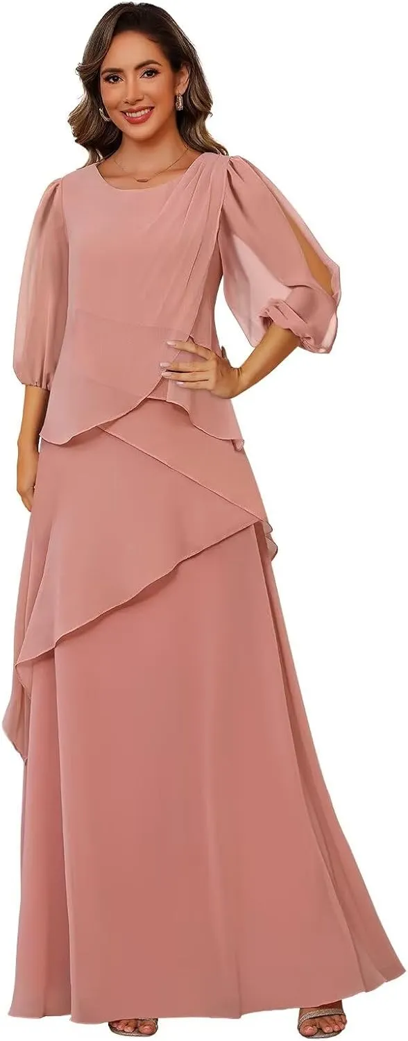 Clothfun Scoop Neck Mother of The Bride Dresses for Wedding Puff Sleeve Chiffon Ruffles Formal Evening Dress CY226