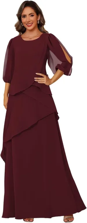 Clothfun Scoop Neck Mother of The Bride Dresses for Wedding Puff Sleeve Chiffon Ruffles Formal Evening Dress CY226