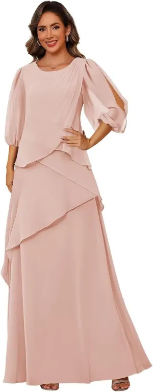Clothfun Scoop Neck Mother of The Bride Dresses for Wedding Puff Sleeve Chiffon Ruffles Formal Evening Dress CY226