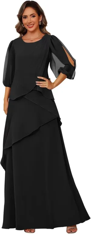 Clothfun Scoop Neck Mother of The Bride Dresses for Wedding Puff Sleeve Chiffon Ruffles Formal Evening Dress CY226