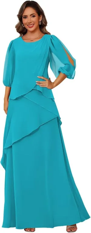Clothfun Scoop Neck Mother of The Bride Dresses for Wedding Puff Sleeve Chiffon Ruffles Formal Evening Dress CY226