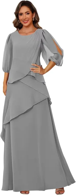 Clothfun Scoop Neck Mother of The Bride Dresses for Wedding Puff Sleeve Chiffon Ruffles Formal Evening Dress CY226