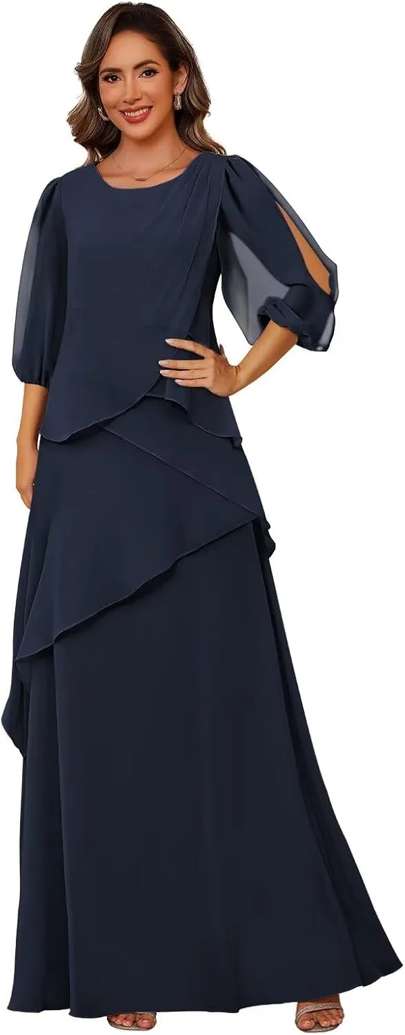 Clothfun Scoop Neck Mother of The Bride Dresses for Wedding Puff Sleeve Chiffon Ruffles Formal Evening Dress CY226