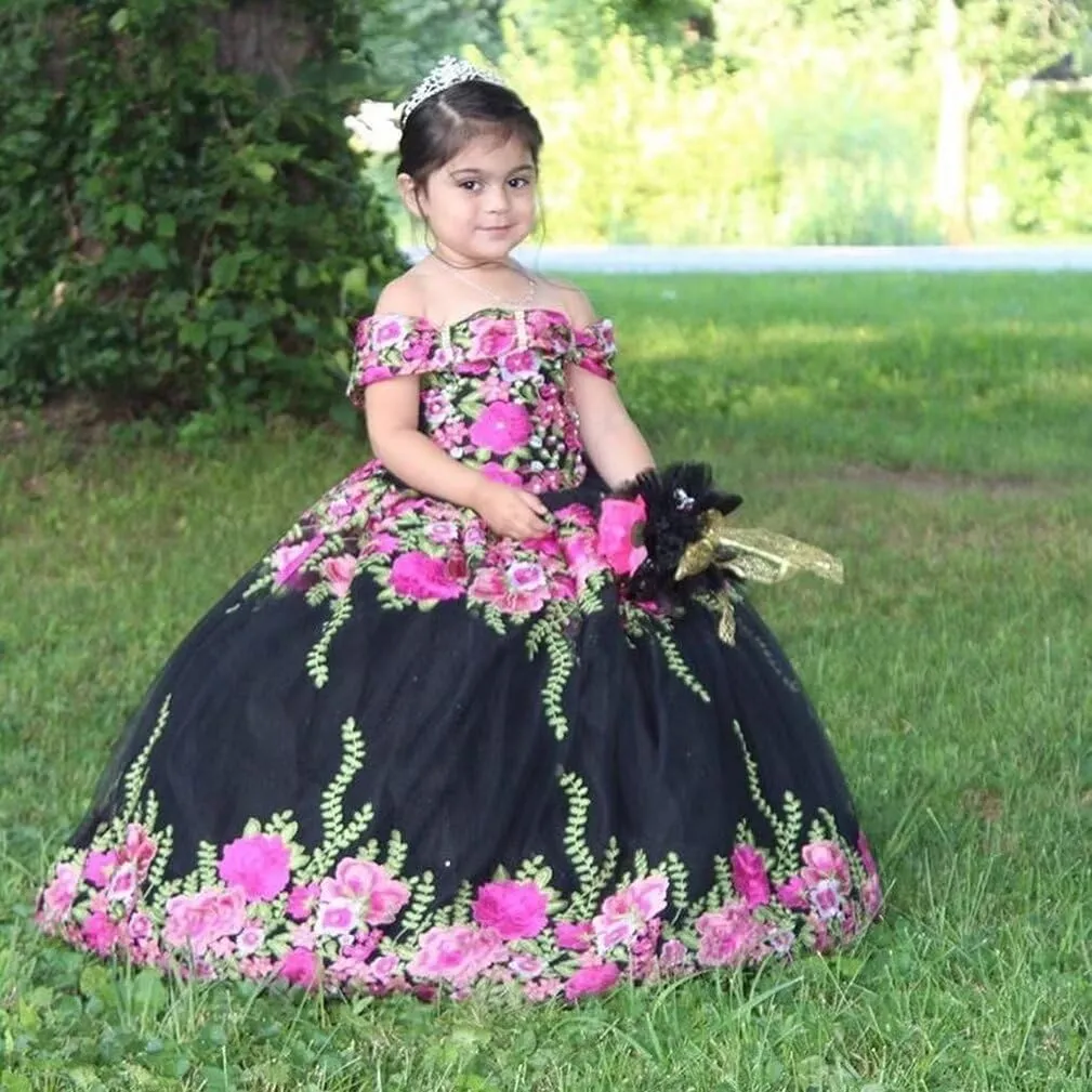 Cold Shoulder 3D Floral Flowers Ruffles Satin A line Little Girls Pageant Wedding Party Dresses with Sleeves 2025