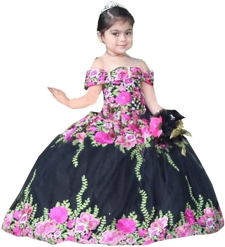 Cold Shoulder 3D Floral Flowers Ruffles Satin A line Little Girls Pageant Wedding Party Dresses with Sleeves 2025