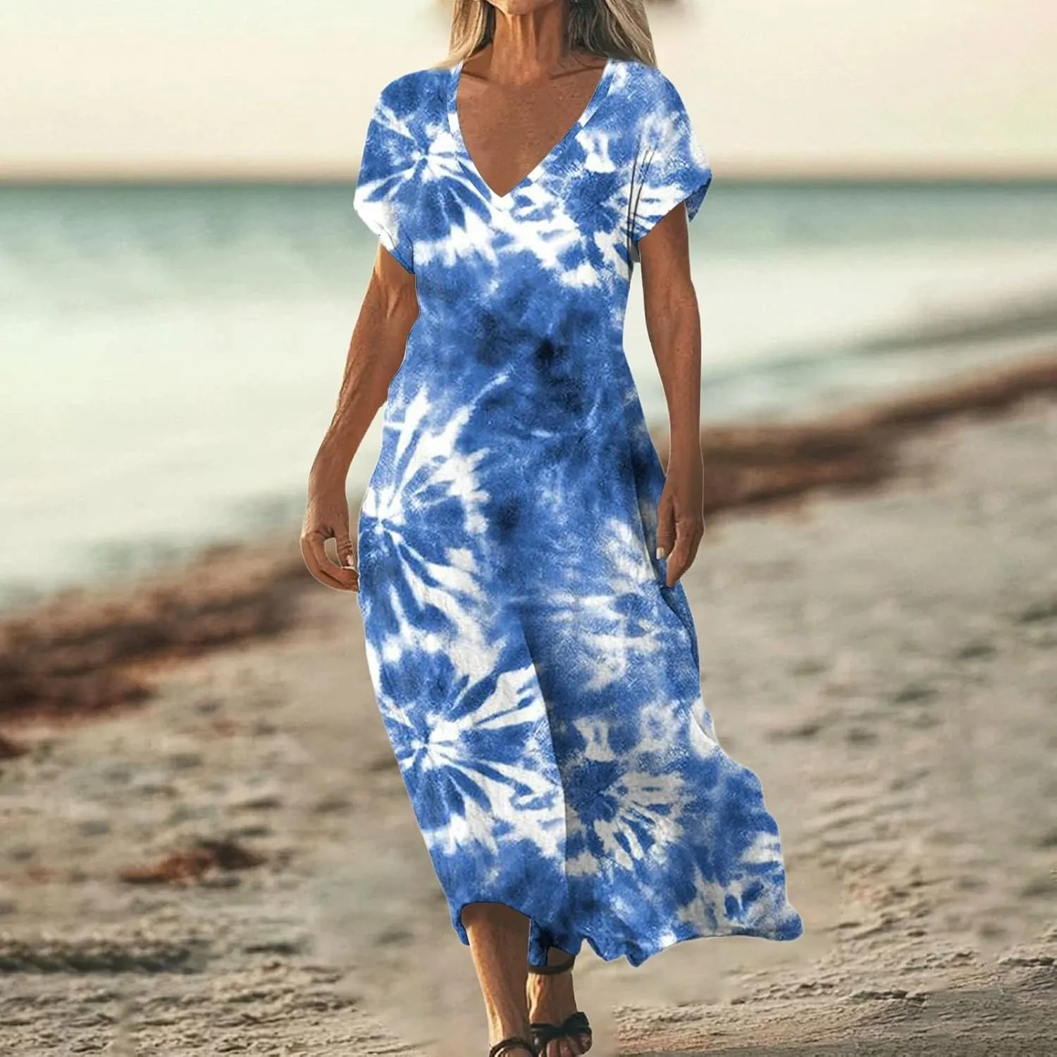 Cotton Linen Dresses for Women 2025 Maxi V Neck Short Sleeve Summer Fashion Casual Boho Dress Flowy Beach Vacation Clothes
