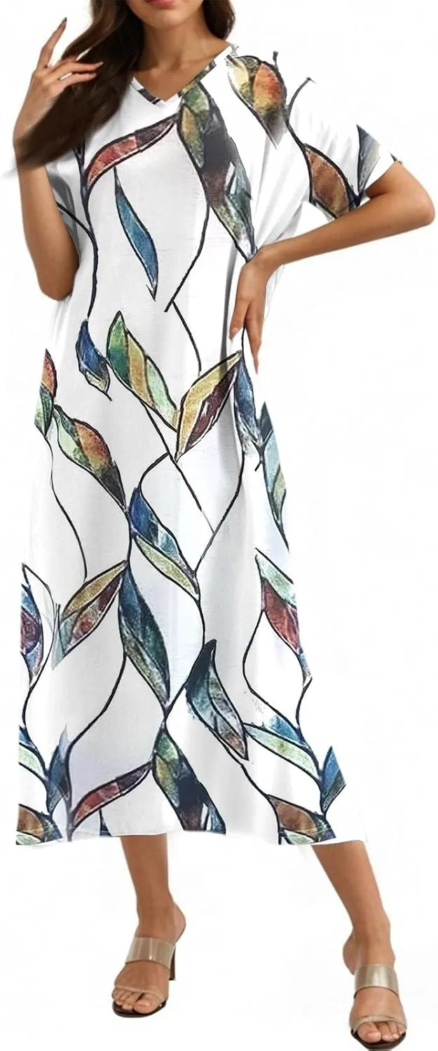 Cotton Linen Dresses for Women 2025 Maxi V Neck Short Sleeve Summer Fashion Casual Boho Dress Flowy Beach Vacation Clothes