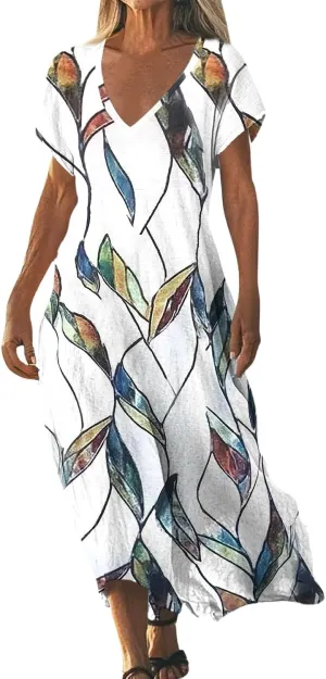 Cotton Linen Dresses for Women 2025 Maxi V Neck Short Sleeve Summer Fashion Casual Boho Dress Flowy Beach Vacation Clothes