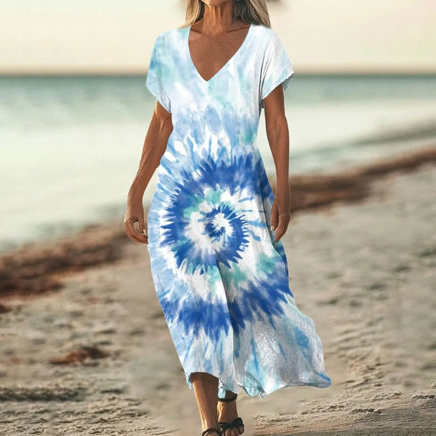 Cotton Linen Dresses for Women 2025 Maxi V Neck Short Sleeve Summer Fashion Casual Boho Dress Flowy Beach Vacation Clothes