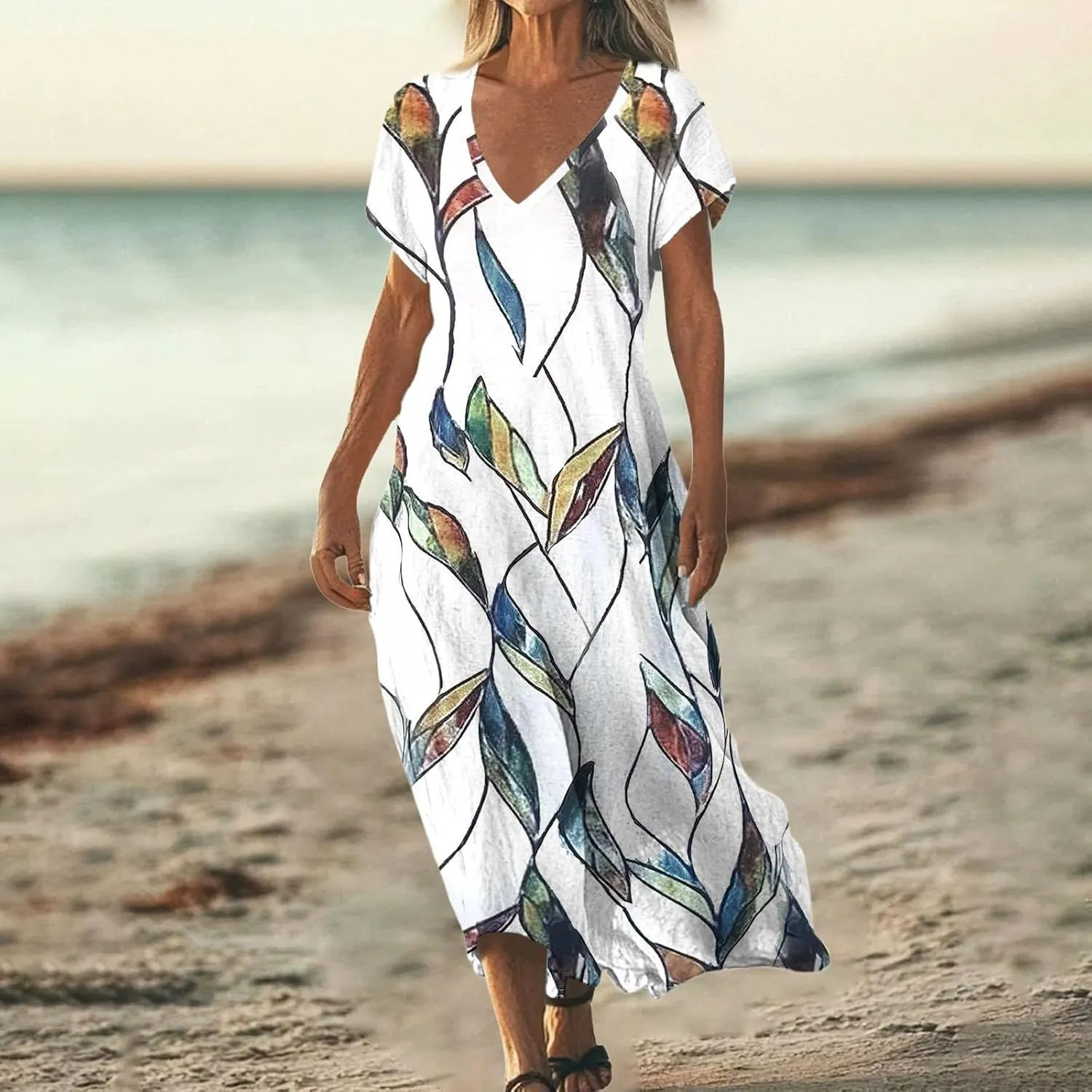 Cotton Linen Dresses for Women 2025 Maxi V Neck Short Sleeve Summer Fashion Casual Boho Dress Flowy Beach Vacation Clothes