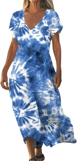 Cotton Linen Dresses for Women 2025 Maxi V Neck Short Sleeve Summer Fashion Casual Boho Dress Flowy Beach Vacation Clothes