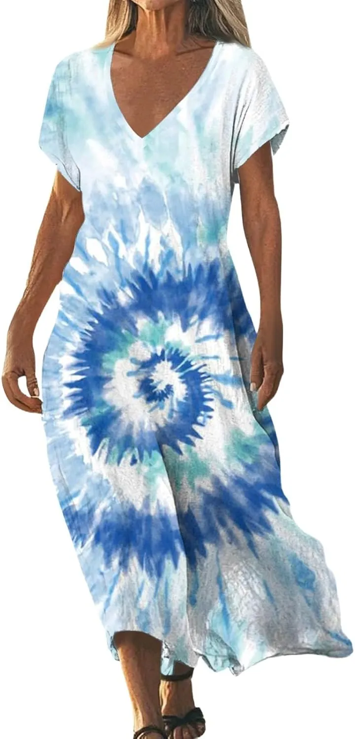 Cotton Linen Dresses for Women 2025 Maxi V Neck Short Sleeve Summer Fashion Casual Boho Dress Flowy Beach Vacation Clothes
