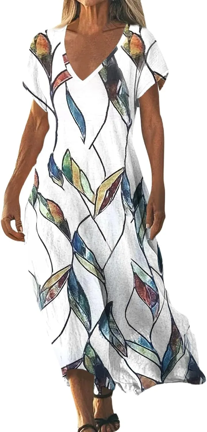 Cotton Linen Dresses for Women 2025 Maxi V Neck Short Sleeve Summer Fashion Casual Boho Dress Flowy Beach Vacation Clothes