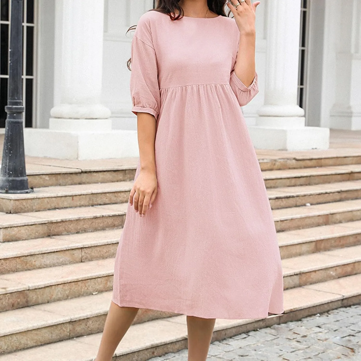 Cotton Linen Midi Dresses Women's Casual Loose Summer Short Sleeve Beach Vacation Dress Trendy Plain Tunic Sundresses