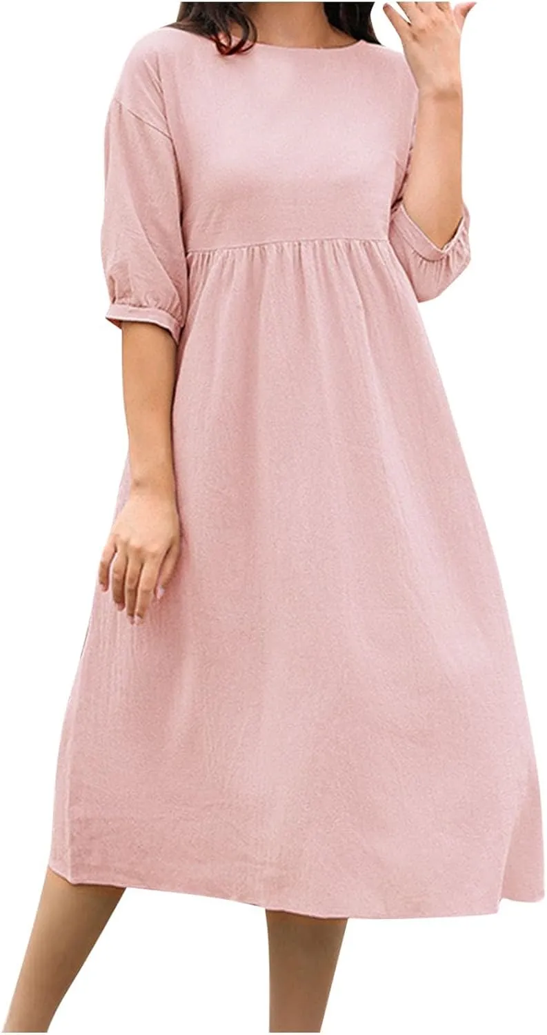 Cotton Linen Midi Dresses Women's Casual Loose Summer Short Sleeve Beach Vacation Dress Trendy Plain Tunic Sundresses