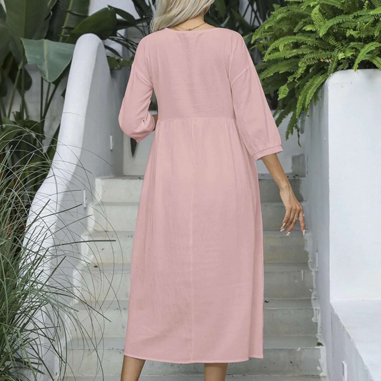 Cotton Linen Midi Dresses Women's Casual Loose Summer Short Sleeve Beach Vacation Dress Trendy Plain Tunic Sundresses