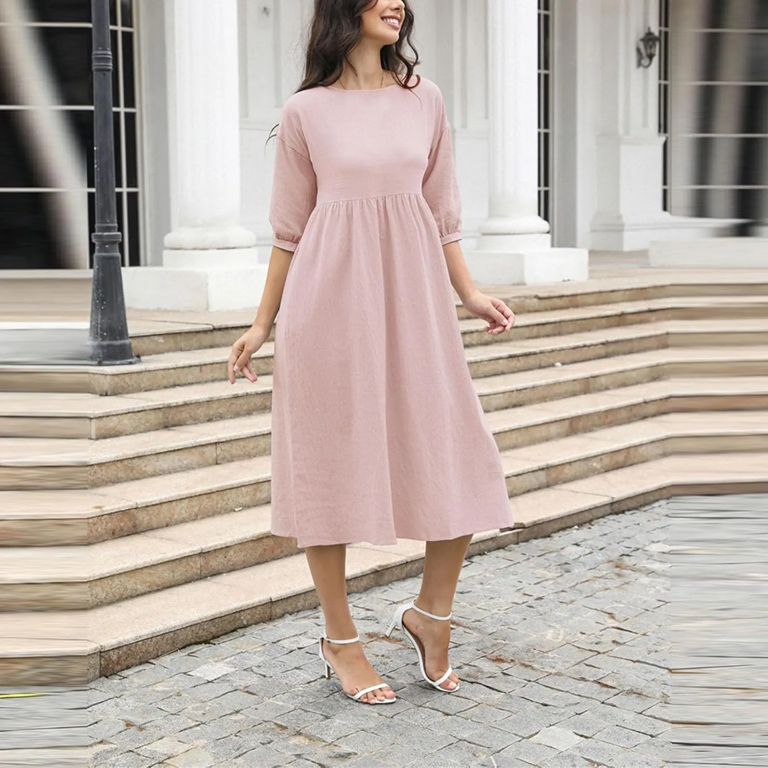 Cotton Linen Midi Dresses Women's Casual Loose Summer Short Sleeve Beach Vacation Dress Trendy Plain Tunic Sundresses