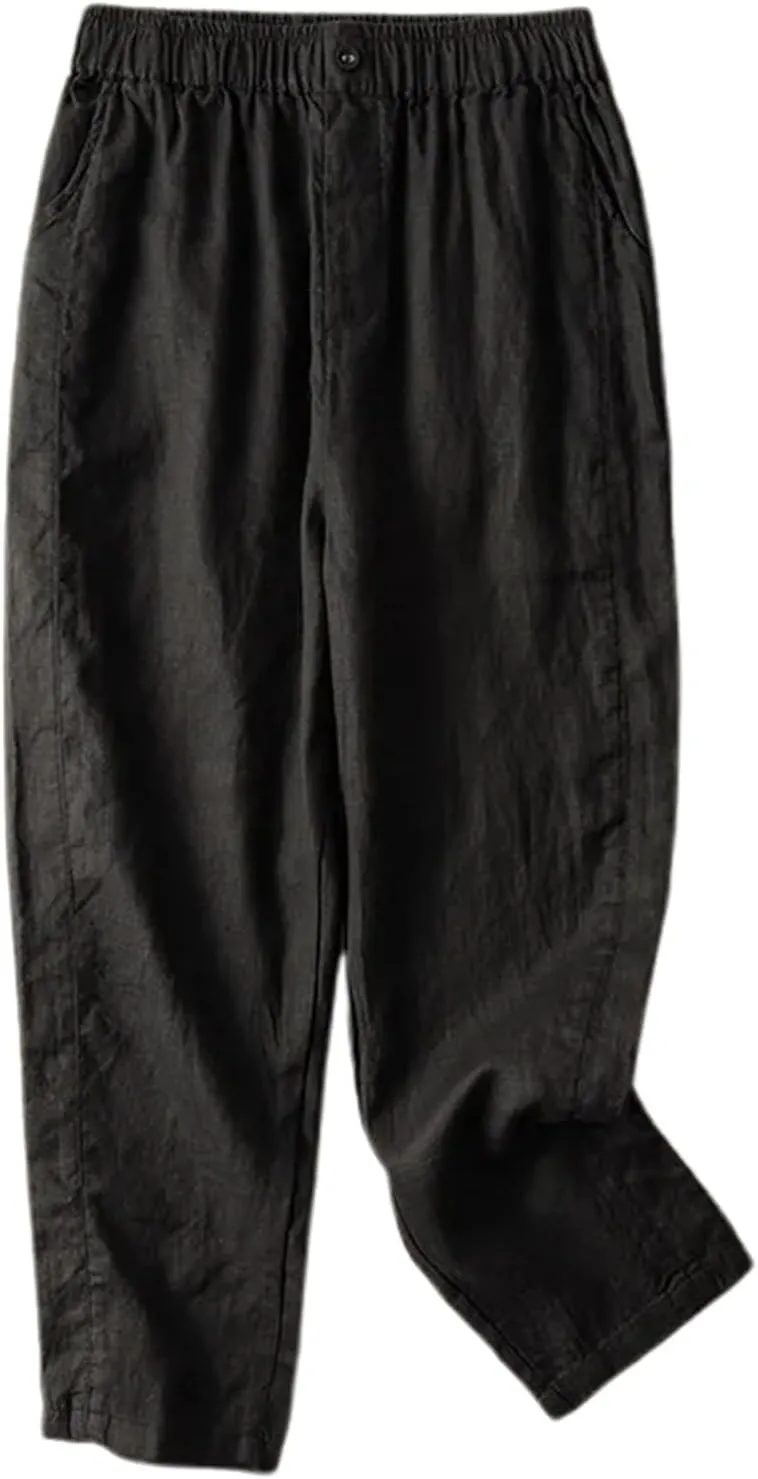 Cotton Linen Pants Women Cinch Bottom High Waisted Summer Trousers with Pockets Classic Lightweight Loose Fit Pants