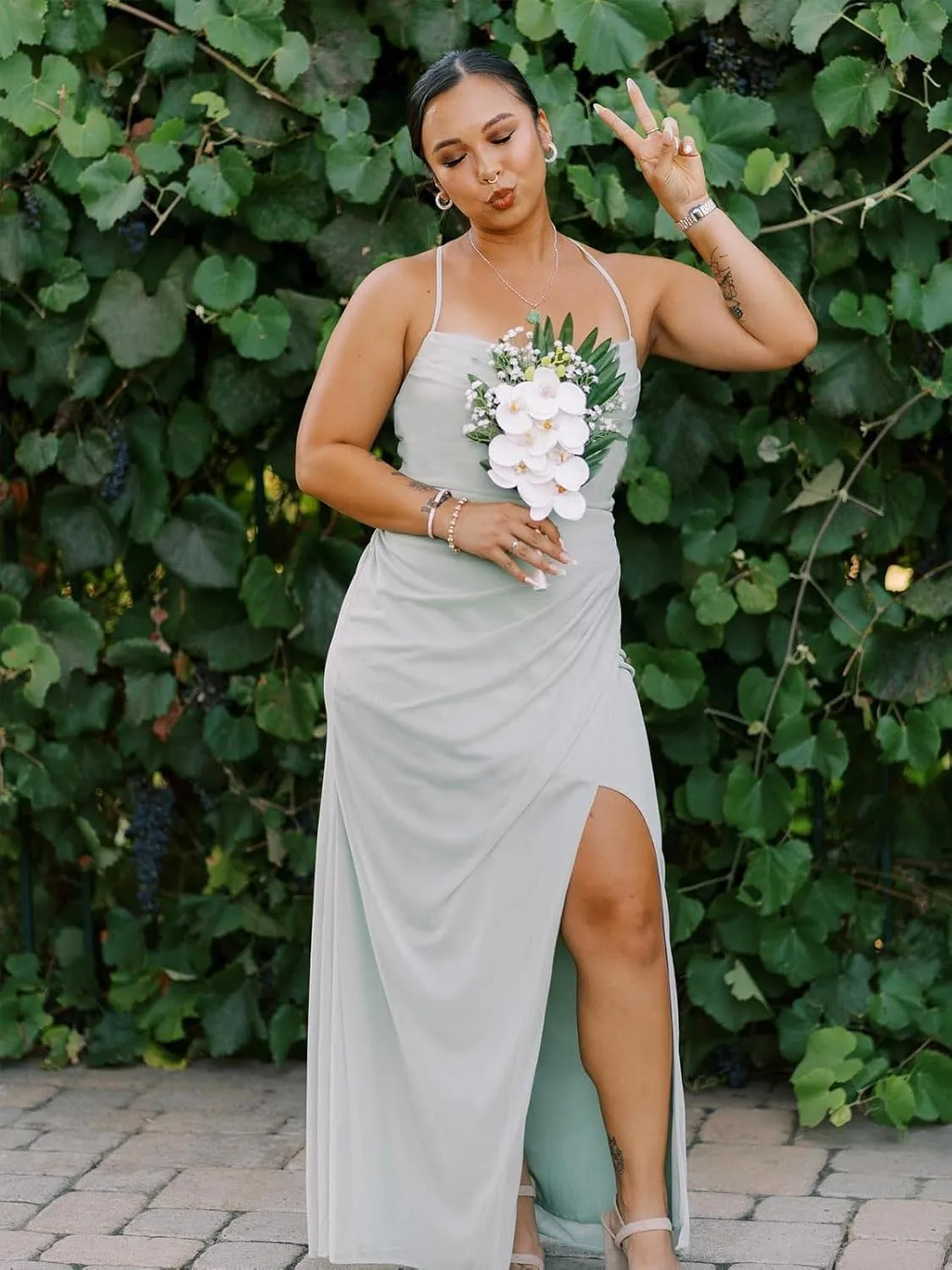 Cowl Neck Bridesmaid Dress for Women with Slit Spaghetti Strap Long Chiffon A Line Formal Evening Gown