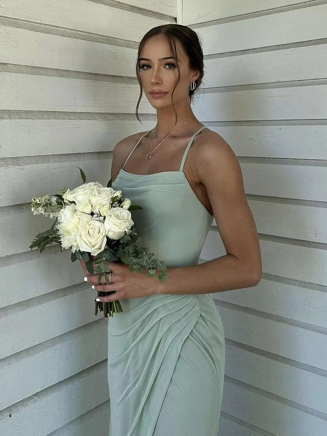Cowl Neck Bridesmaid Dress for Women with Slit Spaghetti Strap Long Chiffon A Line Formal Evening Gown