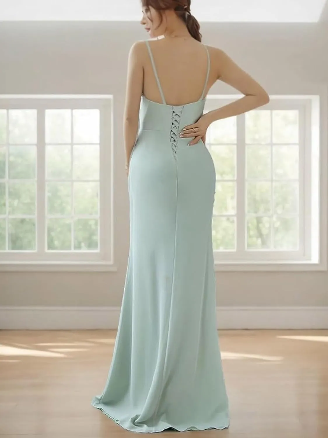 Cowl Neck Bridesmaid Dress for Women with Slit Spaghetti Strap Long Chiffon A Line Formal Evening Gown
