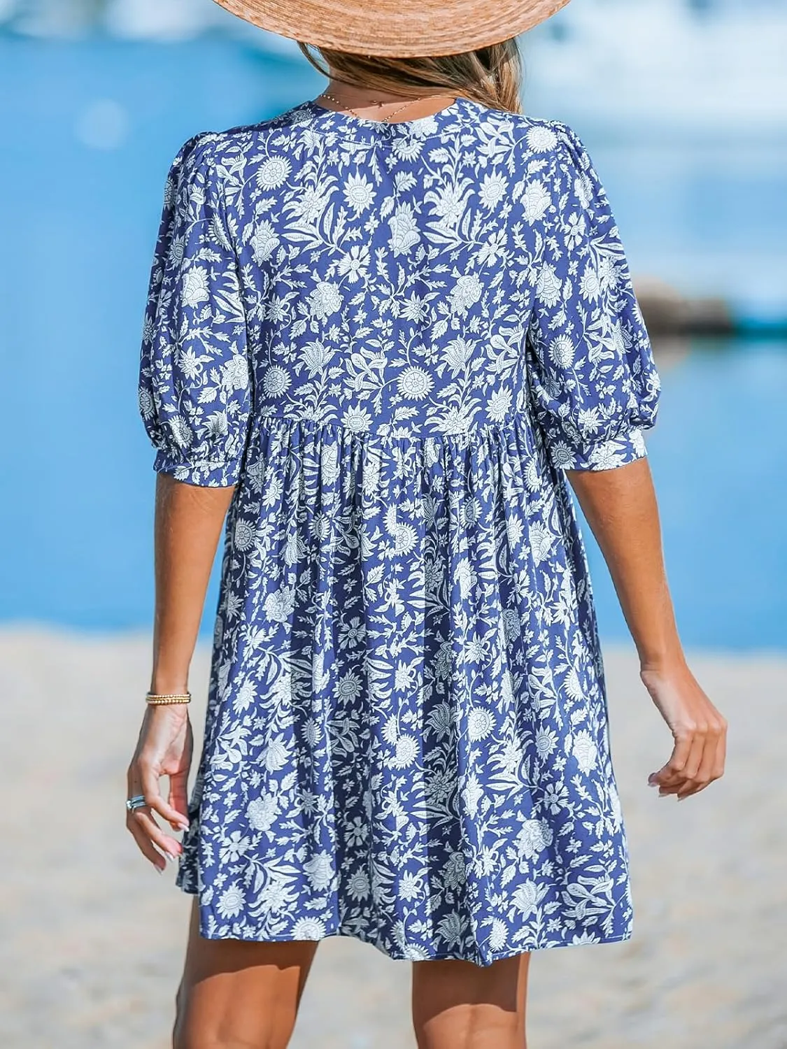 CUPSHE Women Floral Mini Summer Dress Ditsy V Neck Tie Puff Half Sleeve High Waist Smocked A Line Casual Beach Dresses