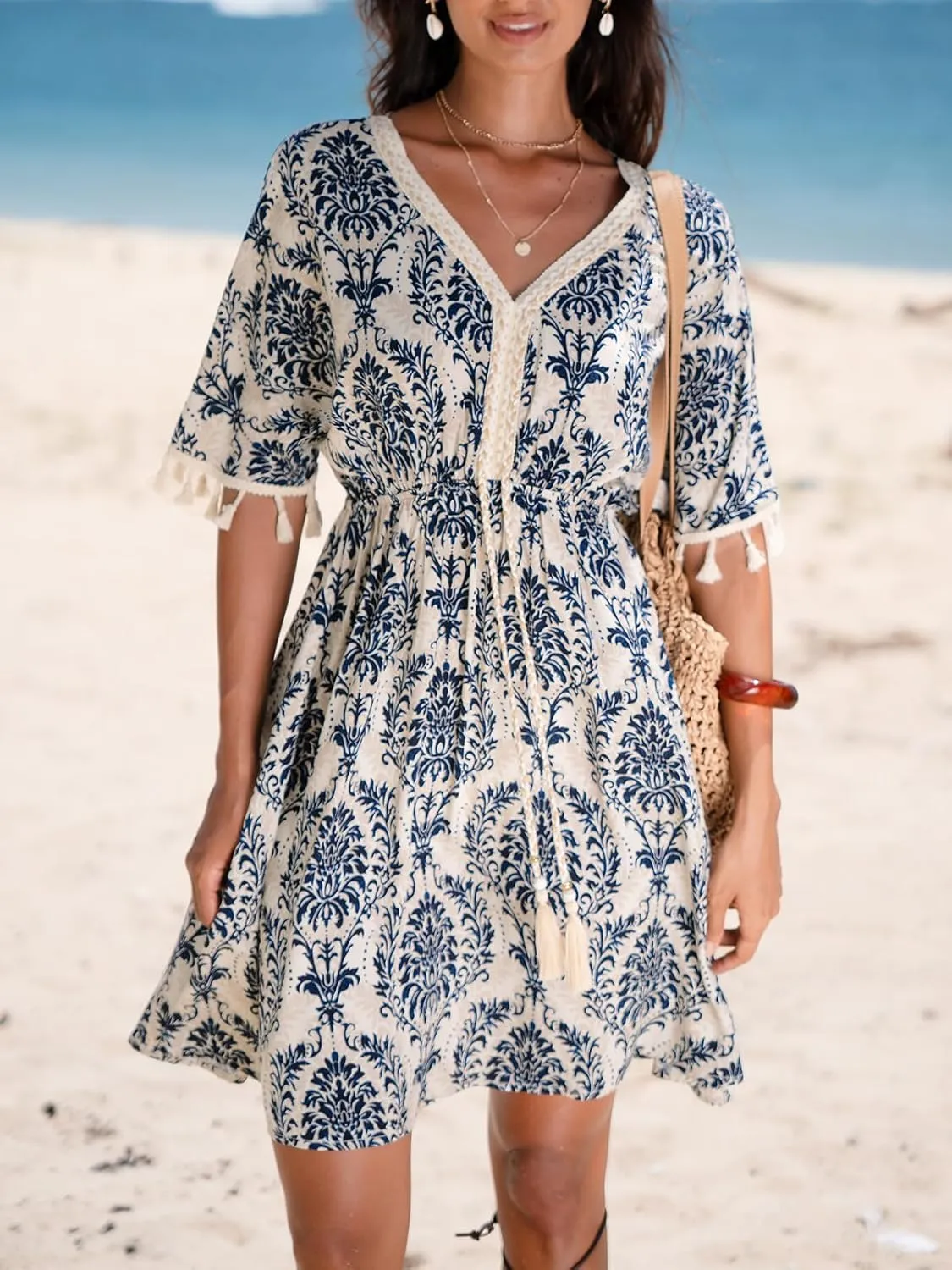 CUPSHE Women Tassel Trim Summer Dress V Neck Lace Short Sleeve Paisley Boho Casual Sundress Holiday Beach Mini Dress