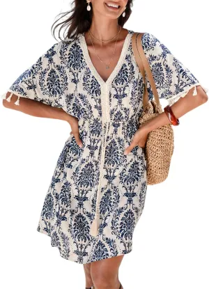 CUPSHE Women Tassel Trim Summer Dress V Neck Lace Short Sleeve Paisley Boho Casual Sundress Holiday Beach Mini Dress