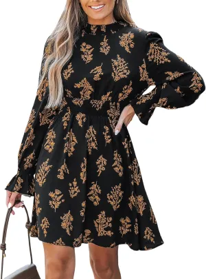 CUPSHE Women's Mock Neck Floral Mini Fall Dress Long Ruffle Sleeve Elastic Waist Smocked Casual Flowying Autumn Dresses