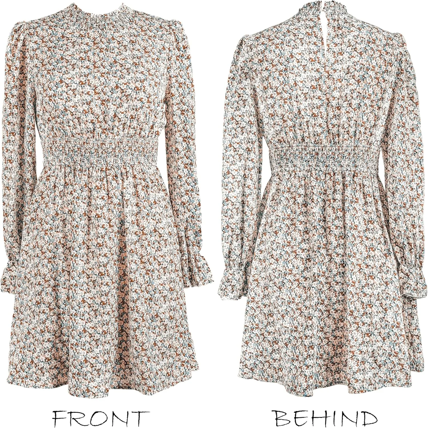 CUPSHE Women's Mock Neck Floral Mini Fall Dress Long Ruffle Sleeve Elastic Waist Smocked Casual Flowying Autumn Dresses