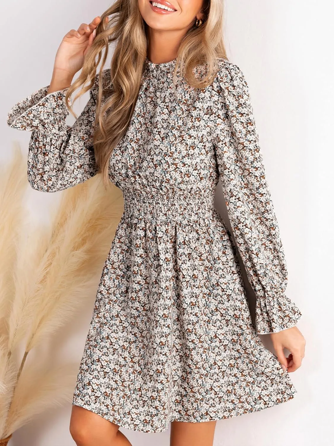 CUPSHE Women's Mock Neck Floral Mini Fall Dress Long Ruffle Sleeve Elastic Waist Smocked Casual Flowying Autumn Dresses