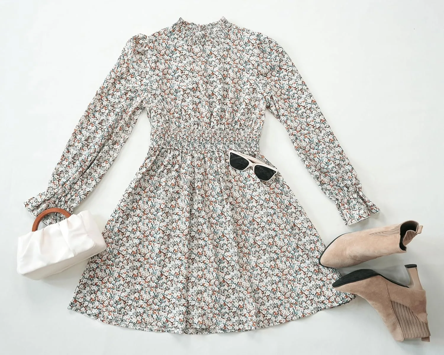CUPSHE Women's Mock Neck Floral Mini Fall Dress Long Ruffle Sleeve Elastic Waist Smocked Casual Flowying Autumn Dresses