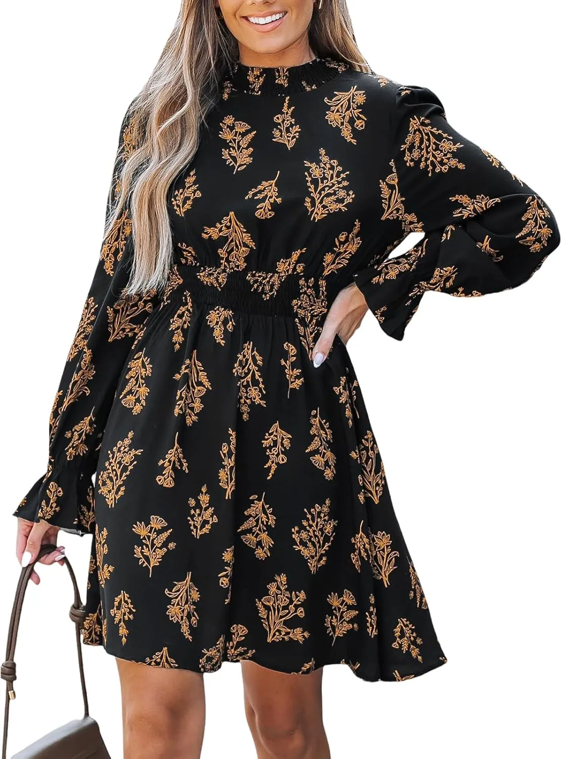 CUPSHE Women's Mock Neck Floral Mini Fall Dress Long Ruffle Sleeve Elastic Waist Smocked Casual Flowying Autumn Dresses