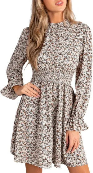 CUPSHE Women's Mock Neck Floral Mini Fall Dress Long Ruffle Sleeve Elastic Waist Smocked Casual Flowying Autumn Dresses
