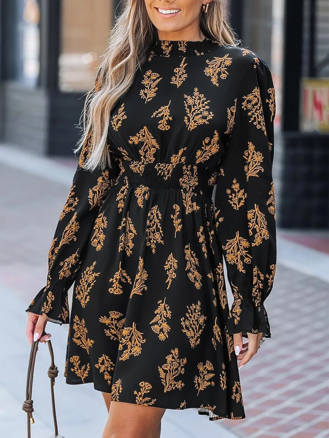 CUPSHE Women's Mock Neck Floral Mini Fall Dress Long Ruffle Sleeve Elastic Waist Smocked Casual Flowying Autumn Dresses