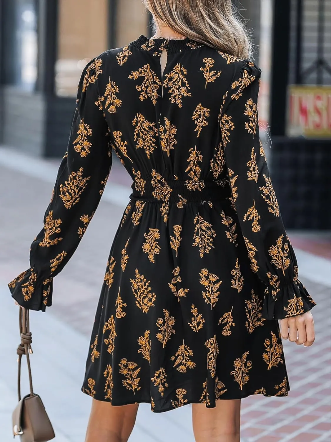 CUPSHE Women's Mock Neck Floral Mini Fall Dress Long Ruffle Sleeve Elastic Waist Smocked Casual Flowying Autumn Dresses